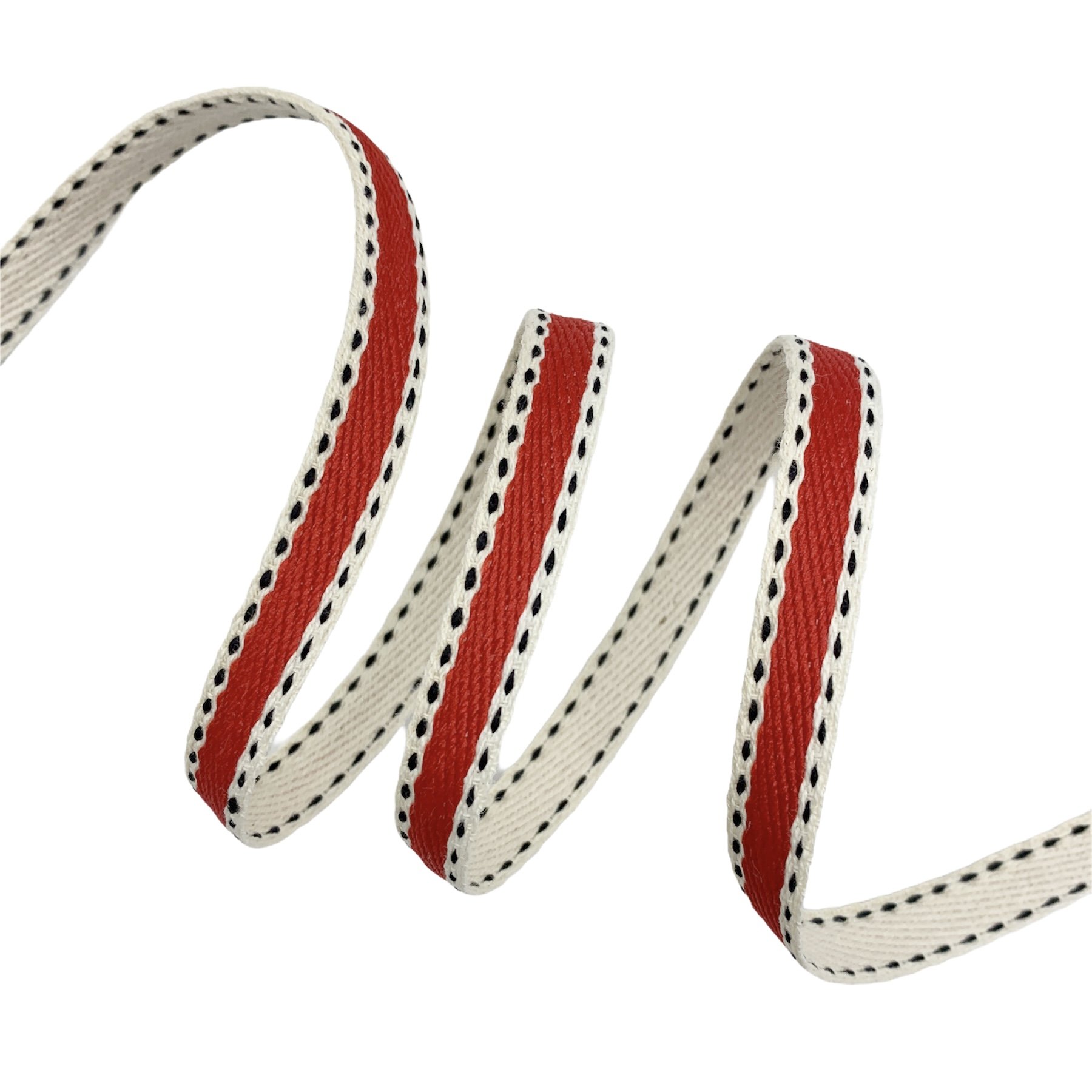 Cadarço Dupla Face Listrado Pespontado MS - 50 Metros - 10MM, Cru/Vermelho/Preto