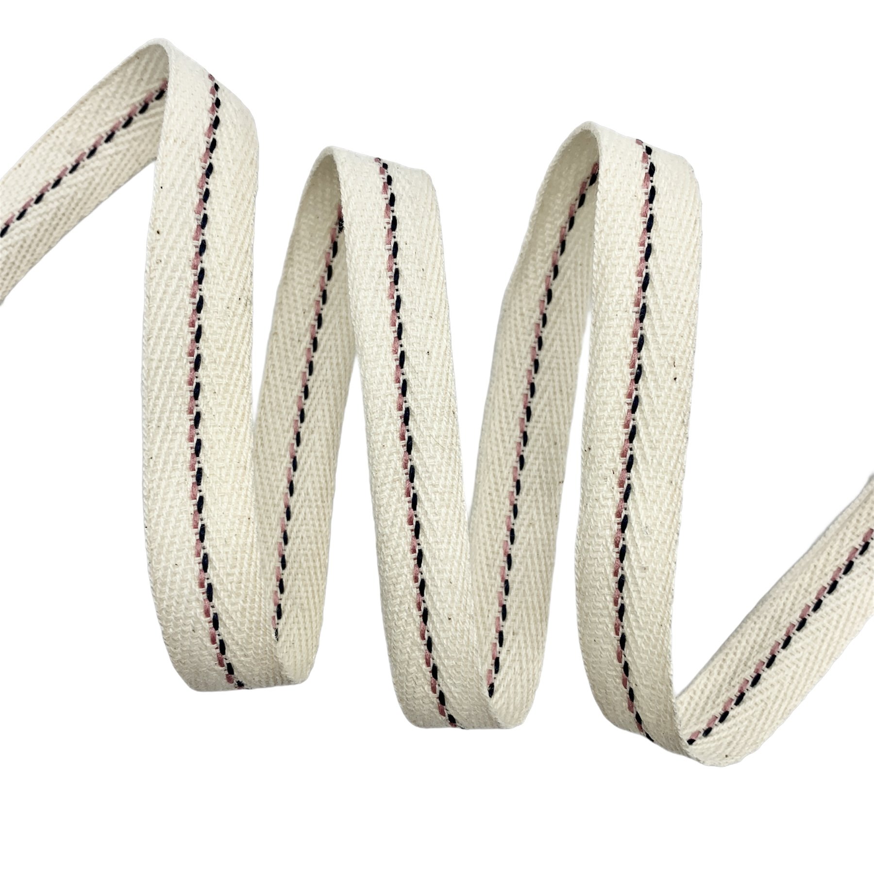 Cadarço Sarjado 2 Pespontos CAD2P2 - 50 metros - 15MM, Cru/Preto/Rosa Velho