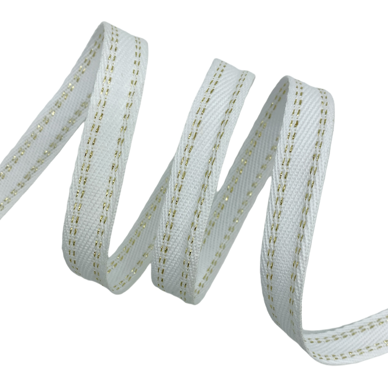 Cadarço Sarjado Pontilhado Metalizado CADM4P - 50 Metros - 15MM, Branco/Dourado