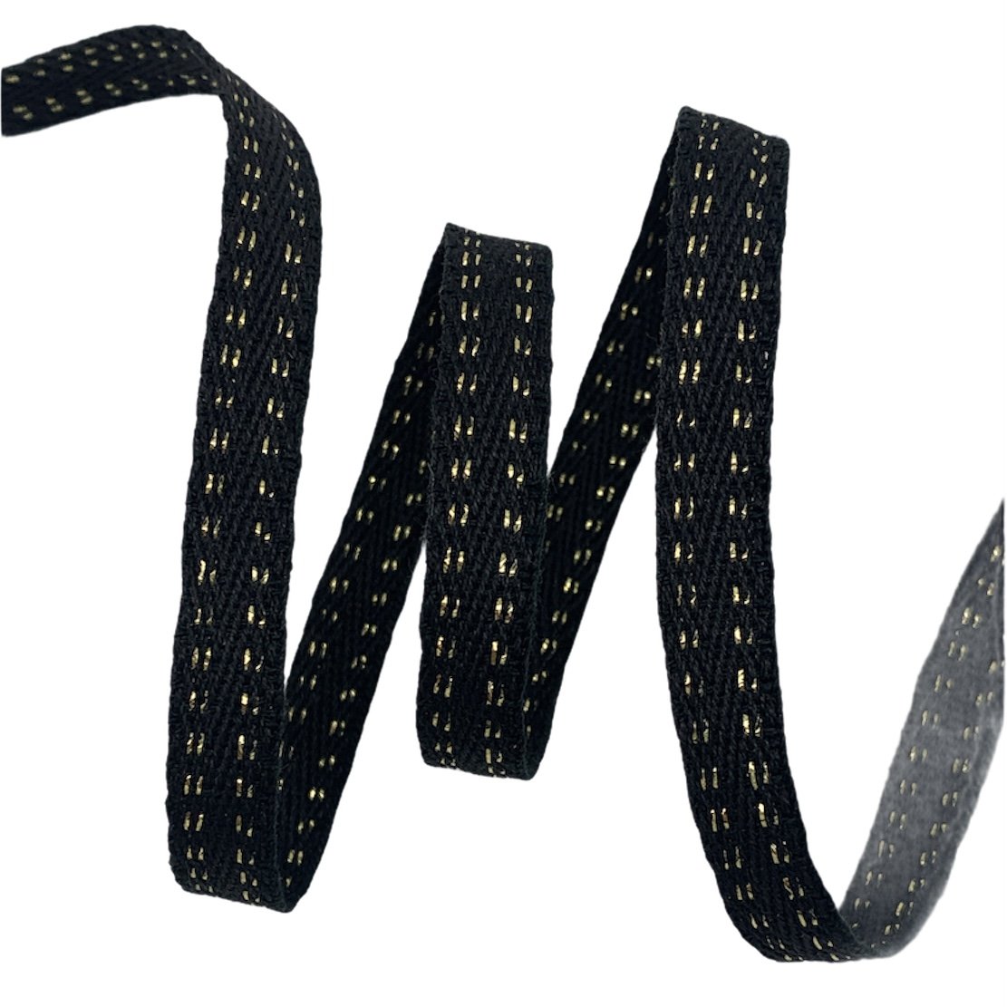 Cadarço Sarjado Pontilhado Metalizado CADM4P - 50 Metros - 10MM, Preto/Dourado