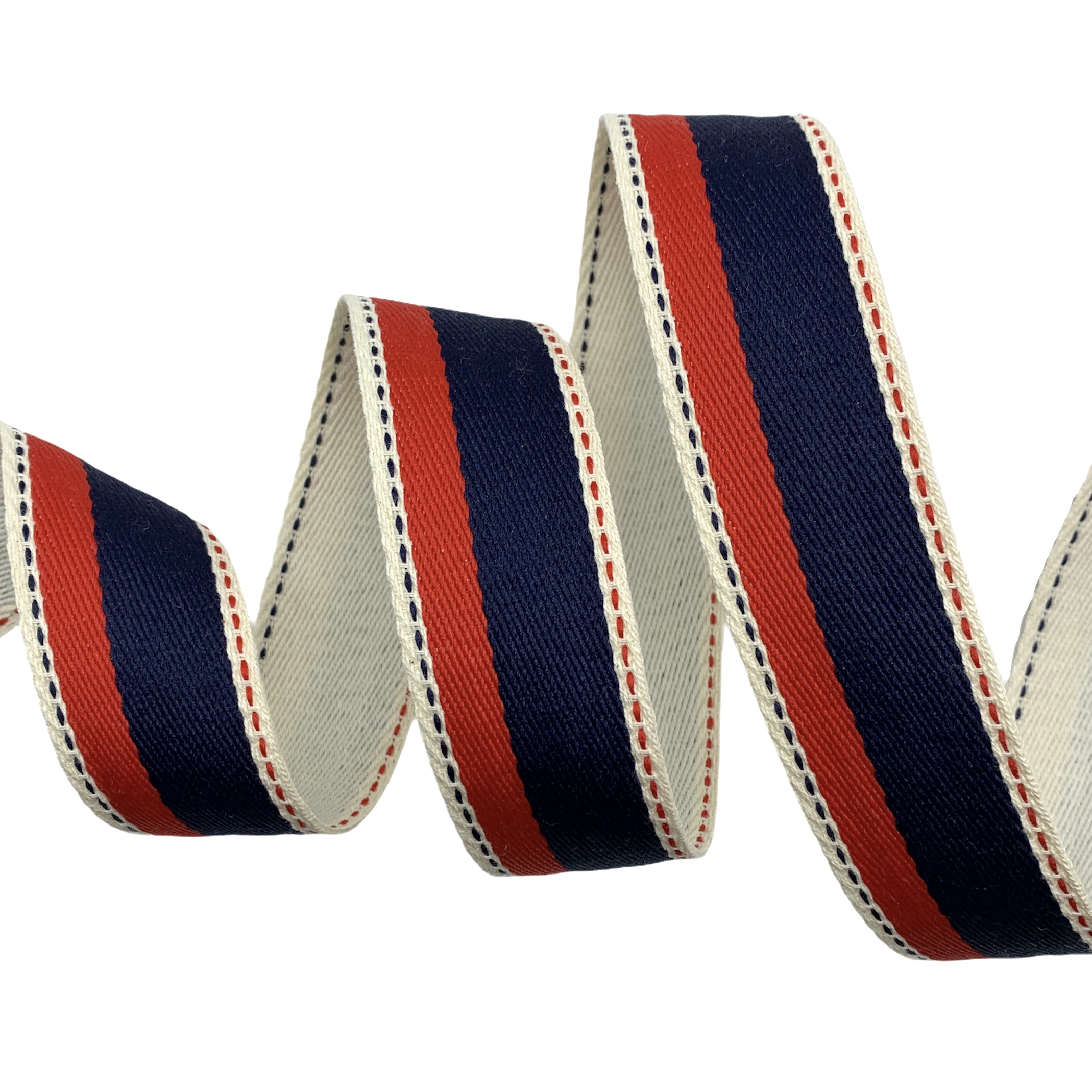 Cadarço Dupla Face Listrado MSL - 50 Metros - 35MM, Cru/Marinho/Vermelho