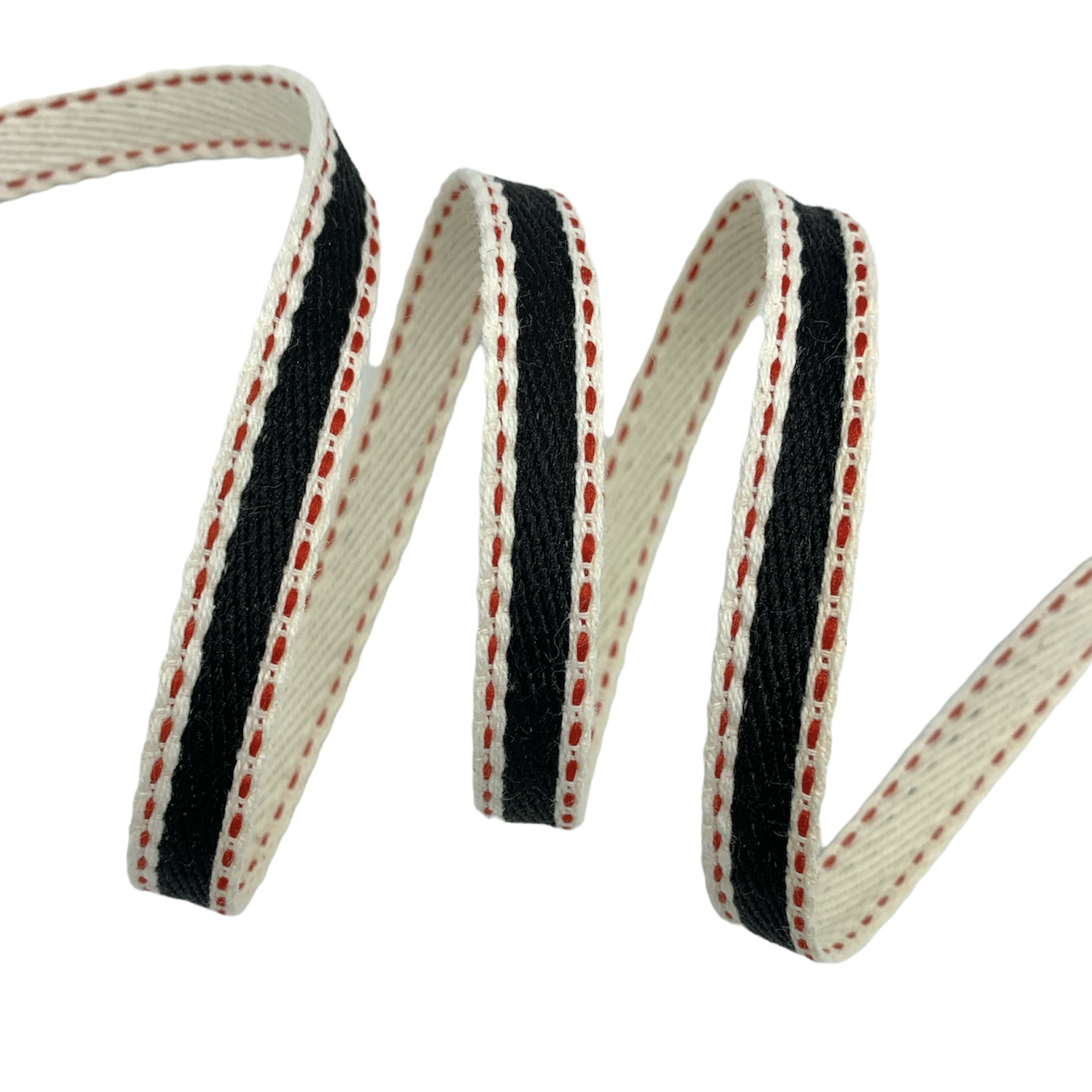 Cadarço Dupla Face Listrado Pespontado MS - 50 Metros - 10MM, Cru/Preto/Vermelho