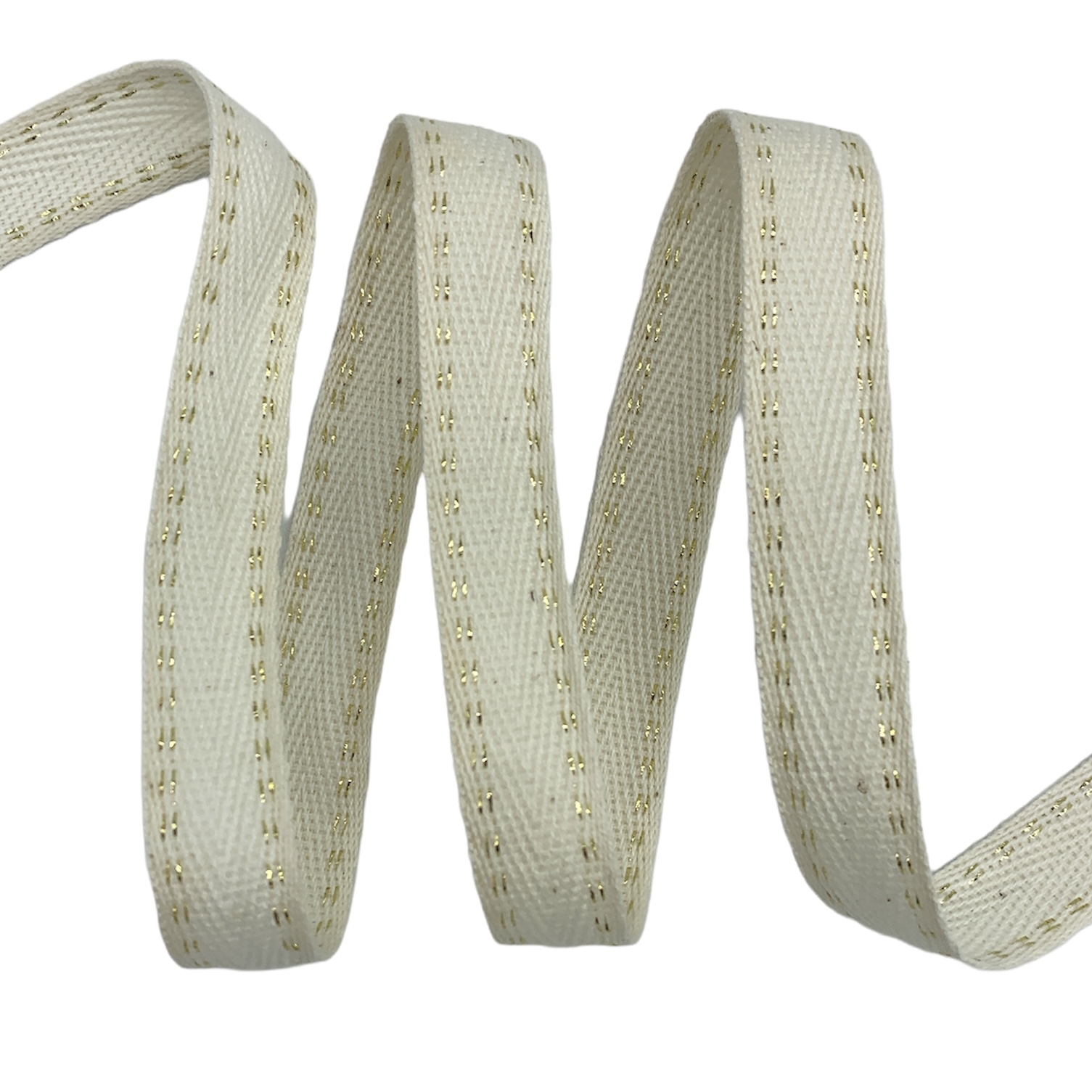 Cadarço Sarjado Pontilhado Metalizado CADM4P - 50 Metros - 15MM, Cru/Dourado