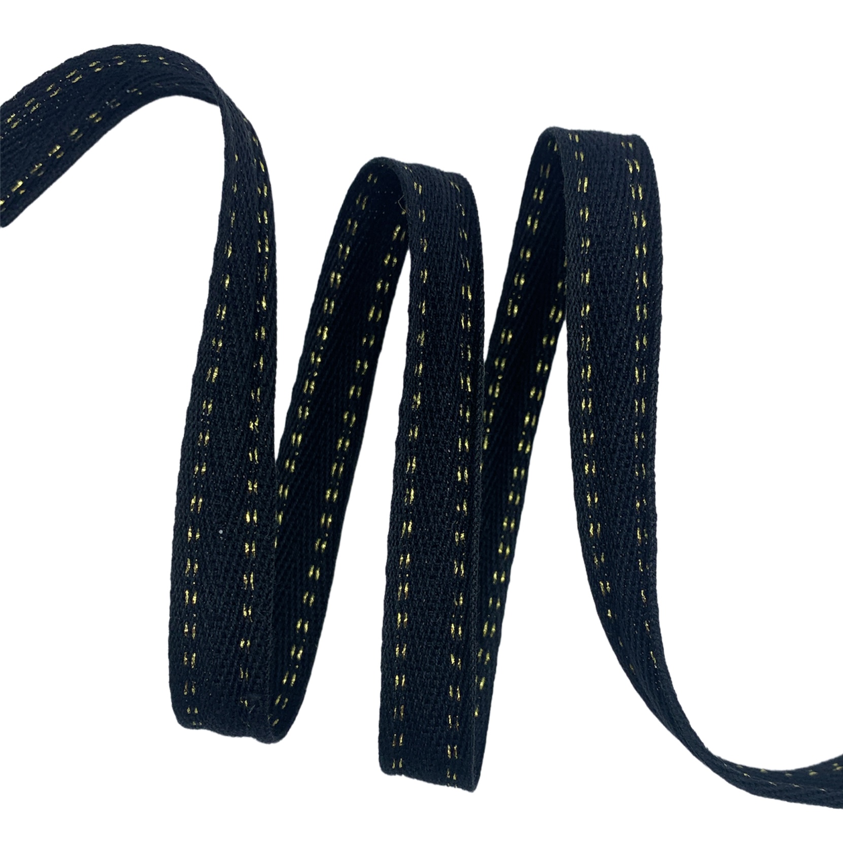 Cadarço Sarjado Pontilhado Metalizado CADM4P - 50 Metros - 15MM, Preto/Dourado