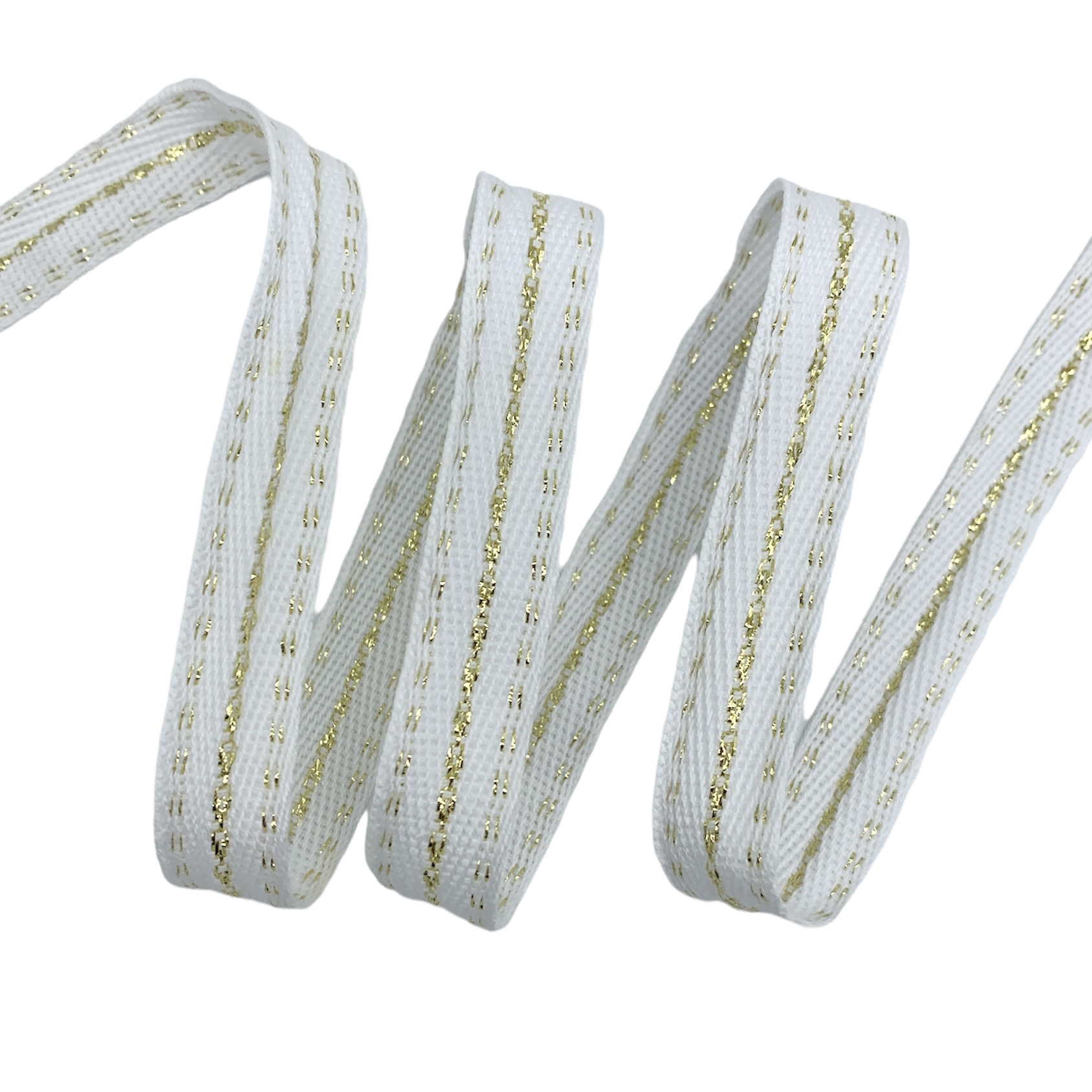 Cadarço Sarjado Pontilhado Metalizado CADM9P - 50 Metros - 15MM, Branco/Dourado