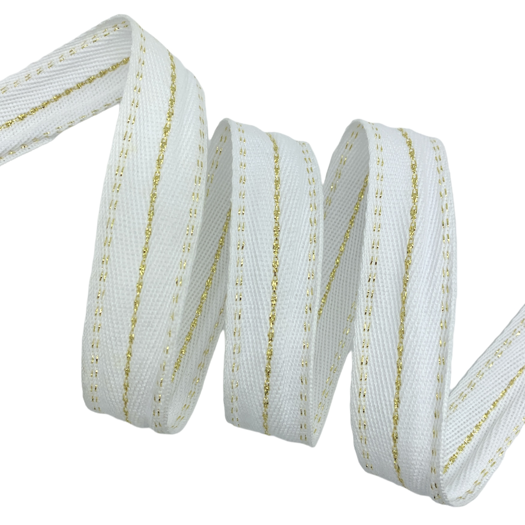 Cadarço Sarjado Pontilhado Metalizado CADM9P - 50 Metros - 25MM, Branco/Dourado