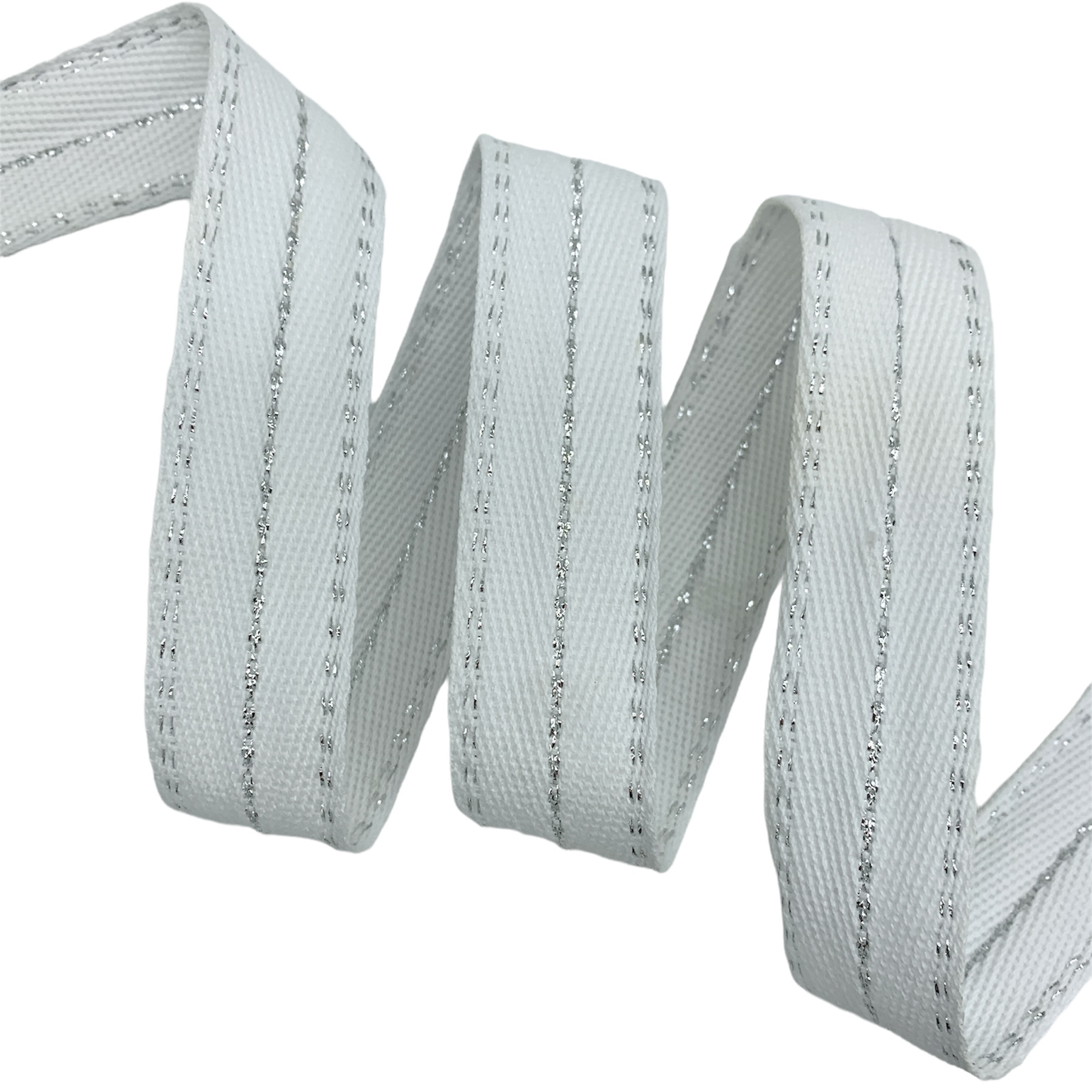 Cadarço Sarjado Pontilhado Metalizado CADM9P - 50 Metros - 25MM, Branco/Prata