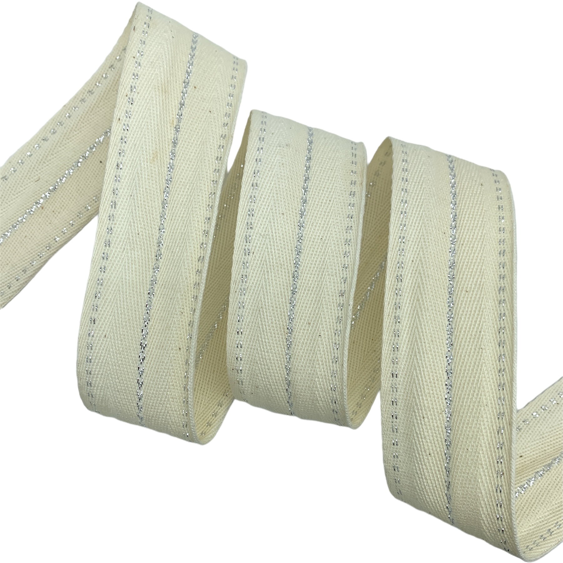 Cadarço Sarjado Pontilhado Metalizado CADM9P - 50 Metros - 40MM, Cru/Prata