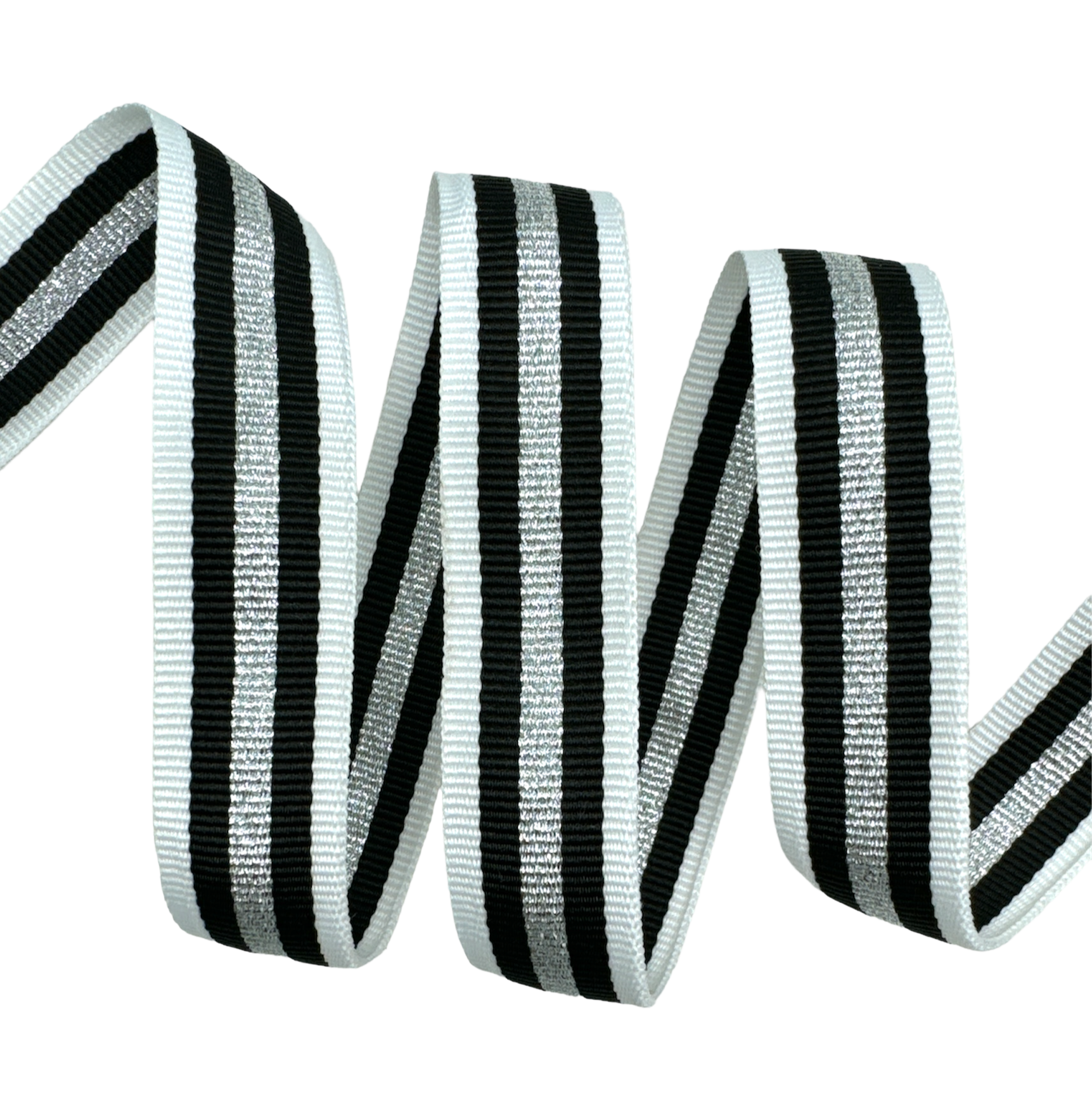 Fita Galão Listrada com Lurex no Centro TRIM2 - 50 Metros - 20MM, Branco/Preto/Prata