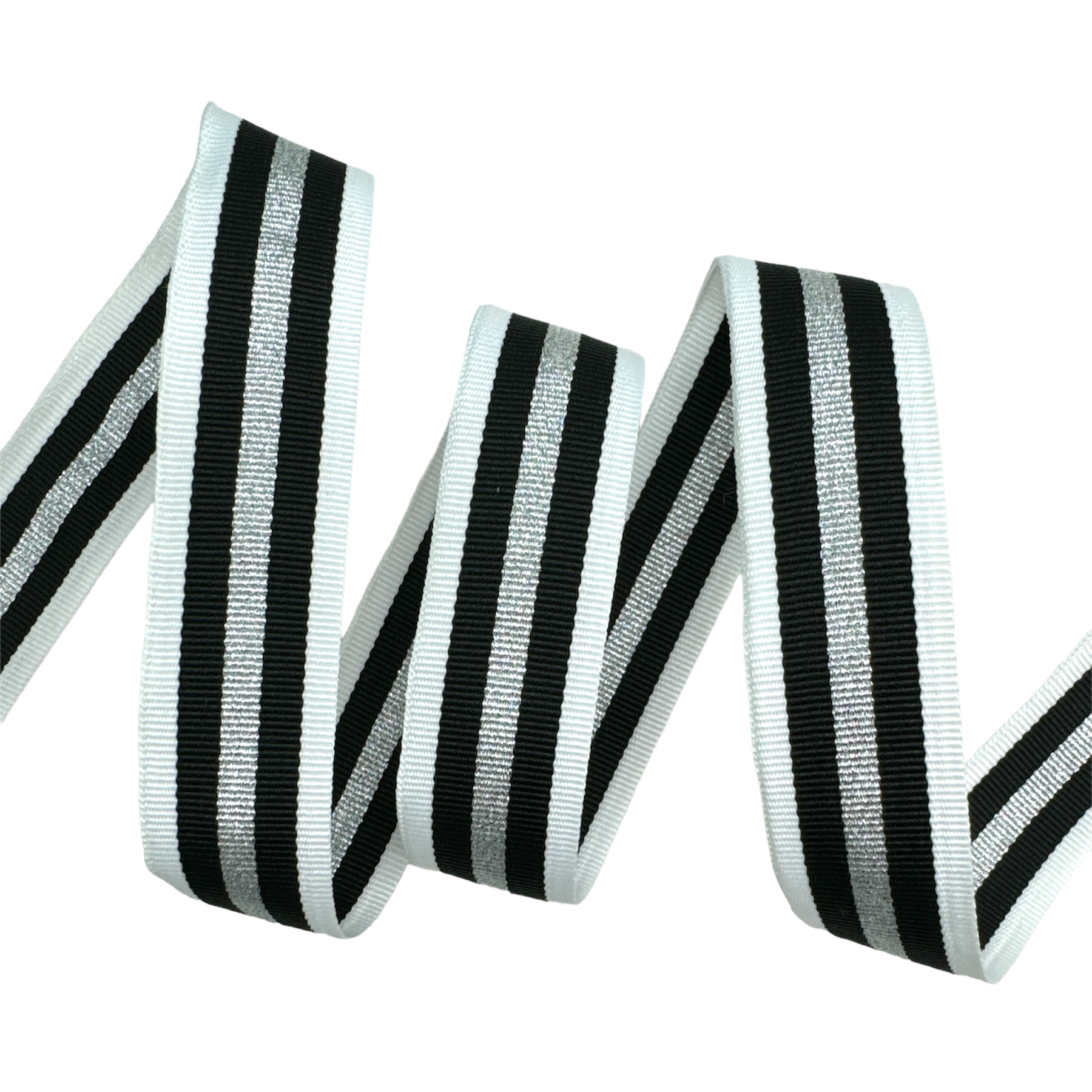 Fita Galão Listrada com Lurex no Centro TRIM2 - 50 Metros - 25MM, Branco/Preto/Prata